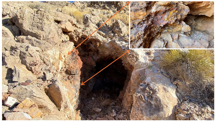 New Adit entrance: fault gouge and mineralization in top right.